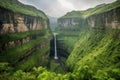 majestic waterfall surrounded by lush greenery and soaring cliffs in the distance Royalty Free Stock Photo