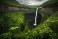 majestic waterfall surrounded by lush greenery and soaring cliffs in the distance Royalty Free Stock Photo