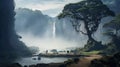 Majestic Waterfall Valley With Tree: Dystopian Adventure In Ultra Hd