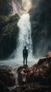 Majestic Waterfall View with Hidden Face. Perfect for Cinematic Projects. Royalty Free Stock Photo
