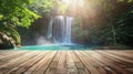 Majestic Waterfall View from Wooden Platform in Forest Royalty Free Stock Photo