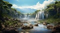 Majestic Waterfalls In Arcadian Landscapes: A Fantasy Scene Of Biblical Grandeur
