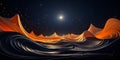 Majestic waves of black and glowing orange silk against a starry night sky conveying a sense of calm cosmic beauty and abstract