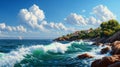 Majestic waves crash against a rocky coastline creating a breathtaking scene under a vibrant blue sky with puffy clouds A