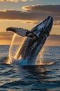 Humpback Whale Breaching at Sunset - Spectacular Ocean Display in Golden Light Royalty Free Stock Photo
