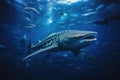 A majestic whale gracefully swims in the ocean alongside a multitude of vibrant fish, Whale shark and a school of sharks in the