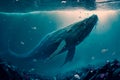 A majestic whale gracefully swims through an underwater world, tragically surrounded by a sea of garbage Royalty Free Stock Photo