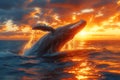 majestic whale jumping out of the water at sunset, AI generated