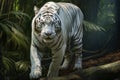 Majestic white Bengal tiger, freely roaming its natural forest habitat amidst lush foliage, exudes a sense of pride