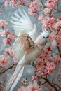 Majestic White Cockatoo in Flight Among Blossoming Pink Cherry Blossoms, Symbolizing Spring and Renewal