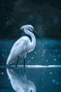 Majestic White Crane Standing in Serene Water with Falling Snowflakes, Elegant Wildlife Scene with Reflection