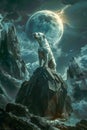 Majestic White Dog Howling at the Full Moon on a Rocky Cliff with Dramatic Night Sky Backdrop Royalty Free Stock Photo