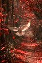 Majestic White Dove in Flight Amidst Autumnal Red Leaves in Ethereal Forest Scene