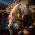 Majestic White Equine Oasis by a Mountain Stream, Hyperrealistic and Picturesque, Made with Generative AI