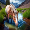 Majestic White Equine Oasis by a Mountain Stream, Hyperrealistic and Picturesque, Made with Generative AI