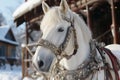 Majestic white horse adorned with intricately designed silver bridle, set against a snowy background. Royalty Free Stock Photo