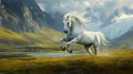 Majestic White Horse Galloping in a Breathtaking Mountain Landscape Royalty Free Stock Photo
