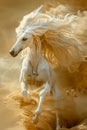 Majestic White Horse Galloping in Desert Dust with Flowing Mane and Tail Royalty Free Stock Photo