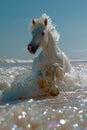 Majestic White Horse Galloping in the Sparkling Sea Water on a Sunny Day with Clear Blue Sky Royalty Free Stock Photo