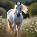 A majestic white horse with a long, flowing mane, standing in a field of wildflowers3 Royalty Free Stock Photo