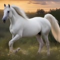 A majestic white horse with a long, flowing mane, standing in a field of wildflowers1 Royalty Free Stock Photo