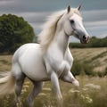 A majestic white horse with a long, flowing mane, standing in a field of wildflowers4 Royalty Free Stock Photo