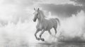 Majestic White Horse Running Through Water and Mist, Black and White Royalty Free Stock Photo