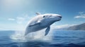 Majestic white humpback whale leaps out of the water in a beautiful seascape. The species is endangered.