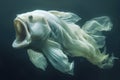 Majestic White Long Finned Fish Gliding Gracefully in Dark Aquatic Environment, Ethereal Underwater Creature Photography