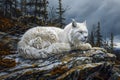 Majestic White Lynx Resting on a Rocky Ledge with Calm Demeanor Against a Stormy Mountainous Backdrop