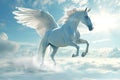 Majestic white Pegasus horse flying high above the clouds