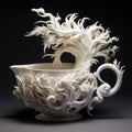 Majestic White Porcelain Teacup With Fantastical Dragon Art
