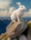 A majestic, white rabbit with a regal bearing, standing atop a rocky outcropping.