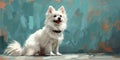 Majestic white spitz dog stands alert against a serene turquoise backdrop, portrait of poise, copy space