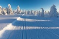 Alpine ski resort. Cross-country skiing track or trail. Sunny day. Christmas time. Happy new year celebration. Royalty Free Stock Photo