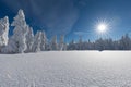 Alpine ski resort. Cross-country skiing track or trail. Sunny day. Christmas time. Happy new year celebration. Royalty Free Stock Photo