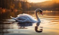 Majestic White Swan Gliding on a Tranquil Lake at Sunset Golden Light Reflecting on Peaceful Waters Royalty Free Stock Photo
