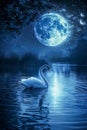 Majestic White Swan on a Tranquil Lake Under a Luminous Full Moon at Night with Stars