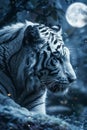 Majestic White Tiger in Moonlit Night Fantasy Setting With Ethereal Forest Background