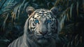 Majestic white tiger portrait brilliant blue eyes and snowy fur in jungle setting