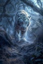 Majestic White Tiger Prowling Through Enchanted Misty Forest at Twilight, Wild Animal in Mysterious Woodland Royalty Free Stock Photo