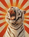 Majestic White Tiger Roaring Against Vibrant Orange Burst Background Royalty Free Stock Photo