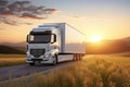 Majestic white truck gracefully maneuvering on the open highway under a captivating sunset sky