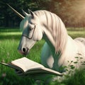A Majestic White Unicorn is Reading a Book in an Enchanted Forest. Generative AI