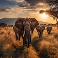 Majestic Wild Elephants Grazing in Serene Savannah