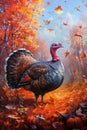 Majestic Wild Turkey Amidst Vibrant Autumn Leaves and Pumpkin Patch Thanksgiving and Fall Theme Artwork Royalty Free Stock Photo