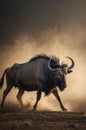 Wildebeest Running Across the Dusty Plains of Africa with Majestic Horns. Royalty Free Stock Photo
