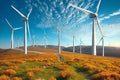 Majestic Wind Turbines Towering Over Golden Fields at Sunset. Generative AI Royalty Free Stock Photo