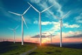 Majestic Wind Turbines Towering Over Golden Fields at Sunset. Generative AI Royalty Free Stock Photo