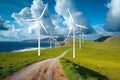 Majestic Wind Turbines Towering Over Golden Fields at Sunset. Generative AI Royalty Free Stock Photo